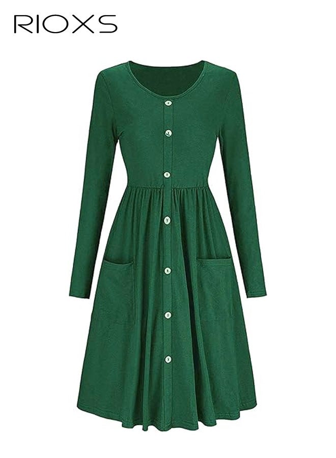 ريوكس فستان نسائي برقبة مستديرة وأكمام طويلة بطول متوسط، فستان نسائي بطول متوسط وخط A وذو خصر عالٍ وأزرار، فستان صيفي غير رسمي ومريح مع جيوب، مناسب للحفلات والمواعيد والمكتب وغيرها، أخضر - Image 2
