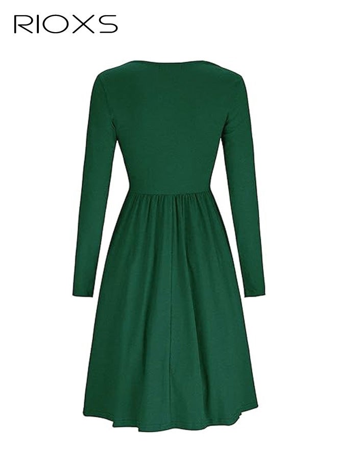 ريوكس فستان نسائي برقبة مستديرة وأكمام طويلة بطول متوسط، فستان نسائي بطول متوسط وخط A وذو خصر عالٍ وأزرار، فستان صيفي غير رسمي ومريح مع جيوب، مناسب للحفلات والمواعيد والمكتب وغيرها، أخضر - Image 3
