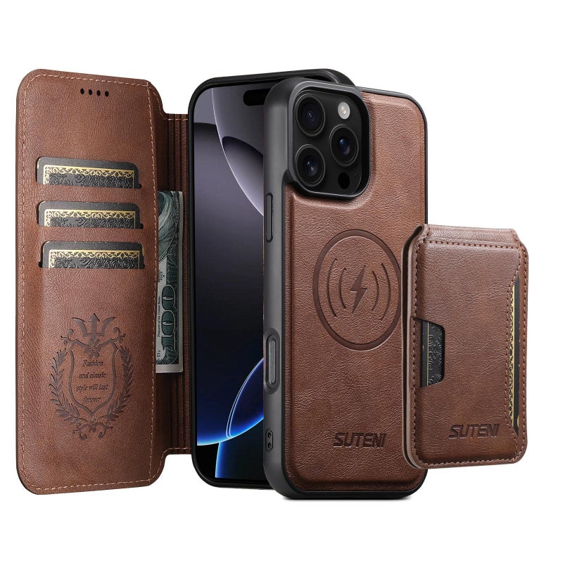 Suteni For Iphone 16 Pro Q05S3 3-In-1 Detachable Vertical Flip Wallet Magsafe Leather Phone Case(Brown) - Image 1