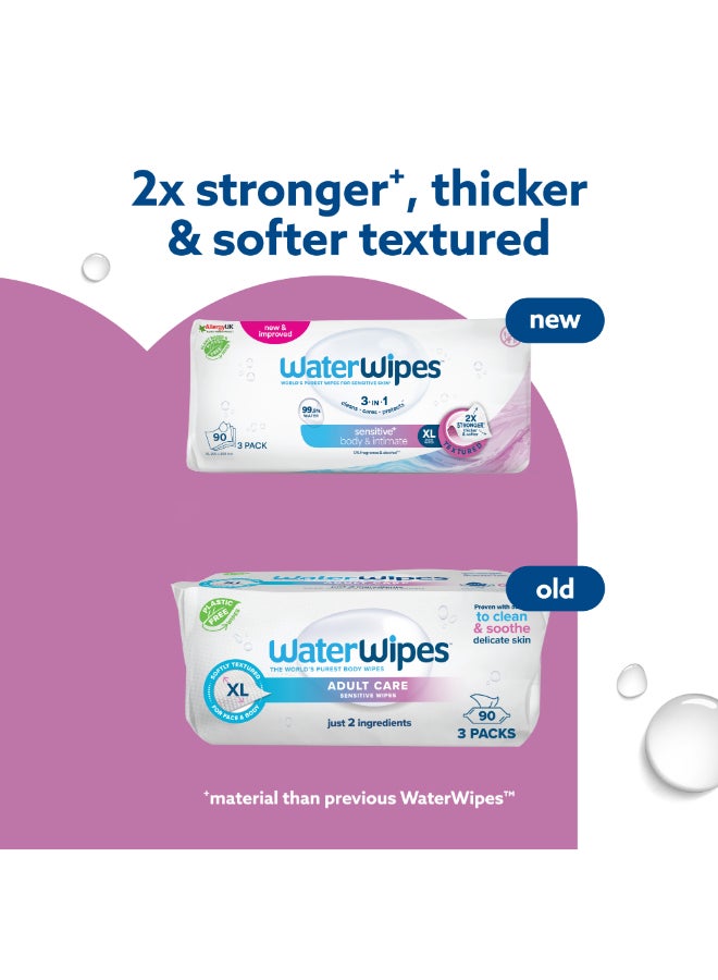 WaterWipes Sensitive+ Body & Intimate Wipes, 90 Count (3 Packs), 3-In-1 Cleans, Cares, Protects, 99.9% Water, Unscented & Hygiene Wet Wipes, Adult Care - Image 3