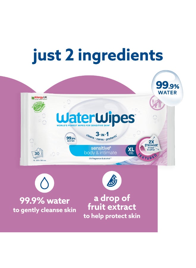 WaterWipes Sensitive+ Body & Intimate Wipes, 90 Count (3 Packs), 3-In-1 Cleans, Cares, Protects, 99.9% Water, Unscented & Hygiene Wet Wipes, Adult Care - Image 4