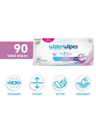 WaterWipes Sensitive+ Body & Intimate Wipes, 90 Count (3 Packs), 3-In-1 Cleans, Cares, Protects, 99.9% Water, Unscented & Hygiene Wet Wipes, Adult Care - view 2