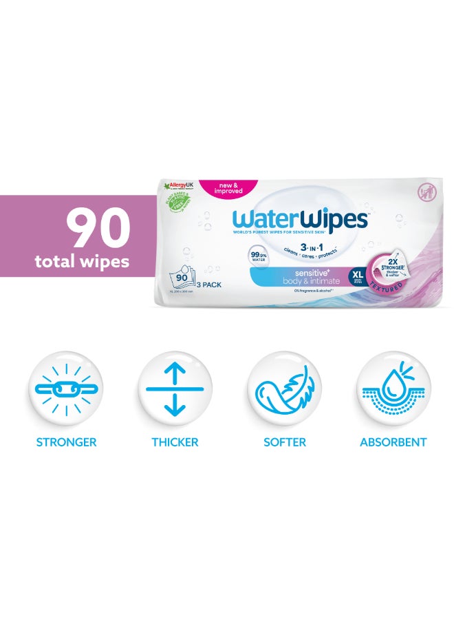 WaterWipes Sensitive+ Body & Intimate Wipes, 90 Count (3 Packs), 3-In-1 Cleans, Cares, Protects, 99.9% Water, Unscented & Hygiene Wet Wipes, Adult Care - Image 2