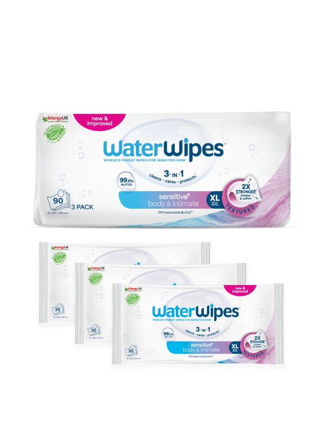 WaterWipes Sensitive+ Body & Intimate Wipes, 90 Count (3 Packs), 3-In-1 Cleans, Cares, Protects, 99.9% Water, Unscented & Hygiene Wet Wipes, Adult Care - Image 1