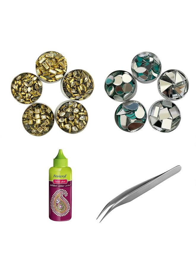 Embroiderymaterial Combo Of Kundan Stone Beads, Craft Mirrors, Tweezers & Fabric Glue For Lippan Art, Jewellery Making, Craft, Embroidery, Embellishment, Toran Making, Aari Work,Multicolor - Image 1