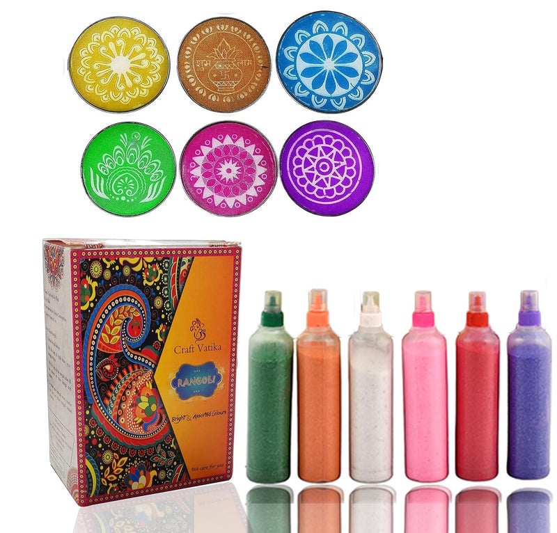 CraftVatika Floor Decoration Kit for Diwali Rangoli Making Kit Set of 6 Color Powder Bottle with 6 Net Stencil for Onam Pongal Home Decorations - Image 1