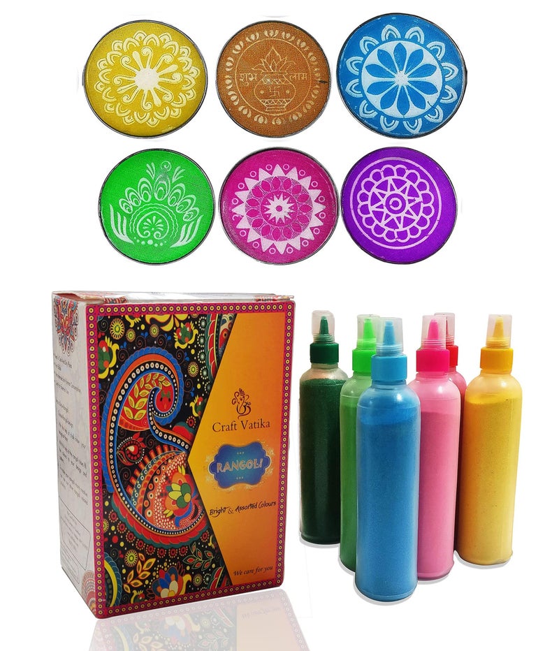 CraftVatika Floor Decoration Kit for Diwali Rangoli Making Kit Set of 6 Color Powder Bottle with 6 Net Stencil for Onam Pongal Home Decorations - Image 2