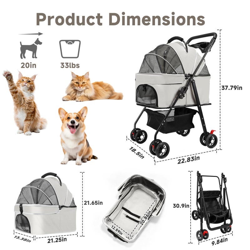 AODI Pet Stroller for Small Dogs and Cats with 4 Wheels, 3 in 1 Foldable Dog Stroller with Detachable Carrier, Breathable Mesh, Storage Basket & Cup Holder, Up to 33 lbs - Image 2