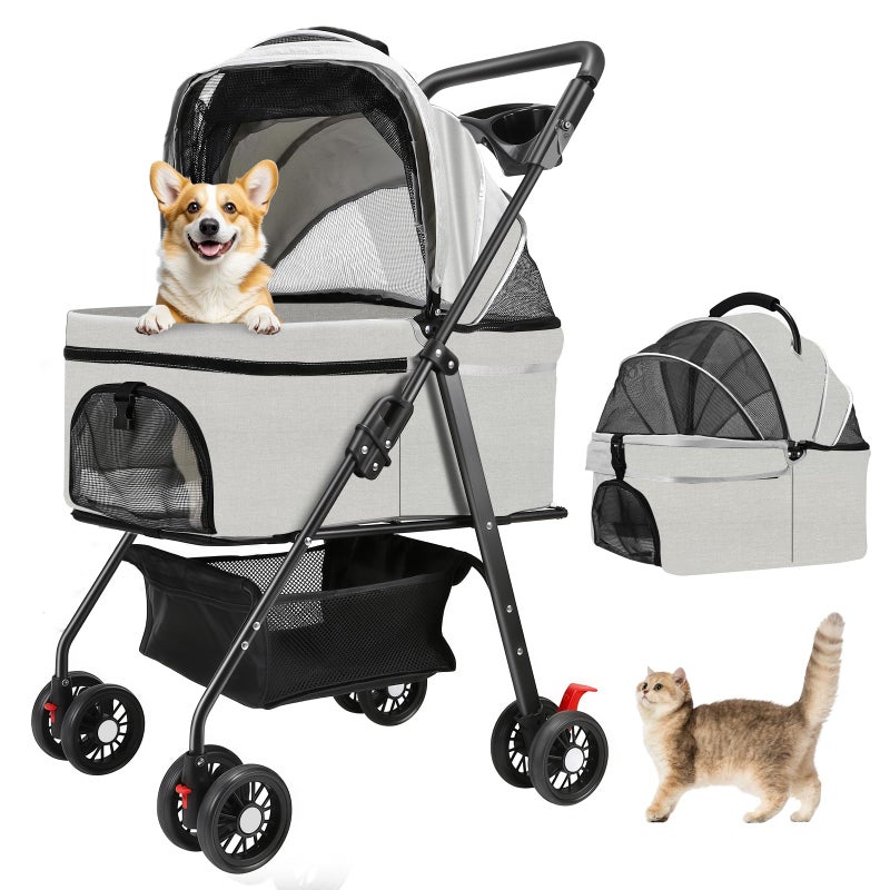 AODI Pet Stroller for Small Dogs and Cats with 4 Wheels, 3 in 1 Foldable Dog Stroller with Detachable Carrier, Breathable Mesh, Storage Basket & Cup Holder, Up to 33 lbs - Image 1