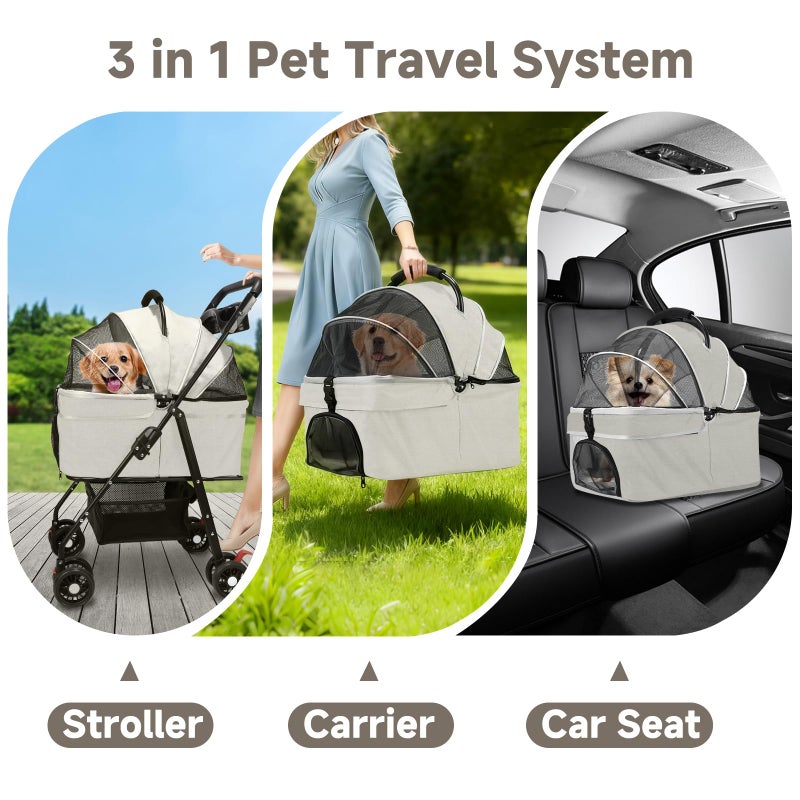 AODI Pet Stroller for Small Dogs and Cats with 4 Wheels, 3 in 1 Foldable Dog Stroller with Detachable Carrier, Breathable Mesh, Storage Basket & Cup Holder, Up to 33 lbs - Image 5