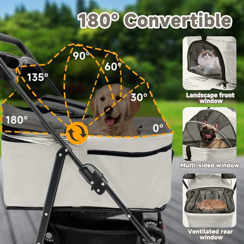 AODI Pet Stroller for Small Dogs and Cats with 4 Wheels, 3 in 1 Foldable Dog Stroller with Detachable Carrier, Breathable Mesh, Storage Basket & Cup Holder, Up to 33 lbs - Image 3