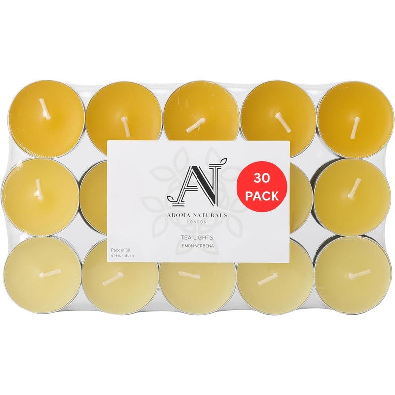 Aroma Naturals 30 Tea-Lights Pack Scented, Lemon VerbenaScented | Burn Time - 4hrs each | Great for any occasion- Home, Spa, Celebrations or Romantic ambience - Image 1
