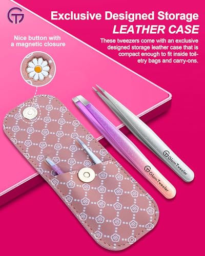 GlamTweeler Expert Slant and Point Tip Tweezer Set with Exclusive Storage Carrying Case GlamTweeler Sharp Precision Tweezer Set for Eyebrows Facial Hairs and Fine Hairs Removal Sparkle Violet Silver - Image 3
