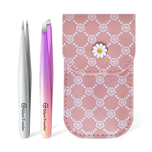 GlamTweeler Expert Slant and Point Tip Tweezer Set with Exclusive Storage Carrying Case GlamTweeler Sharp Precision Tweezer Set for Eyebrows Facial Hairs and Fine Hairs Removal Sparkle Violet Silver - Image 1