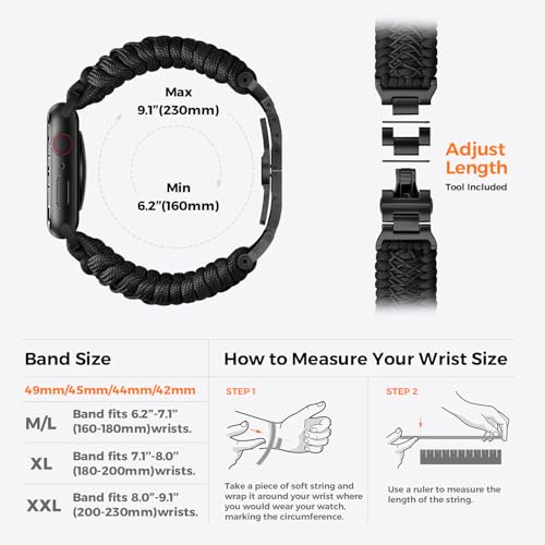Tefeca Titan Series Paracord Band Compatible with Apple Watch 49mm 45mm 44mm 42mm, Ultra/Ultra2 Series 9/8/SE2/7/6/SE/5/4/3/2/1 (Black,M/L for 49/45/44/42mm) - Image 5