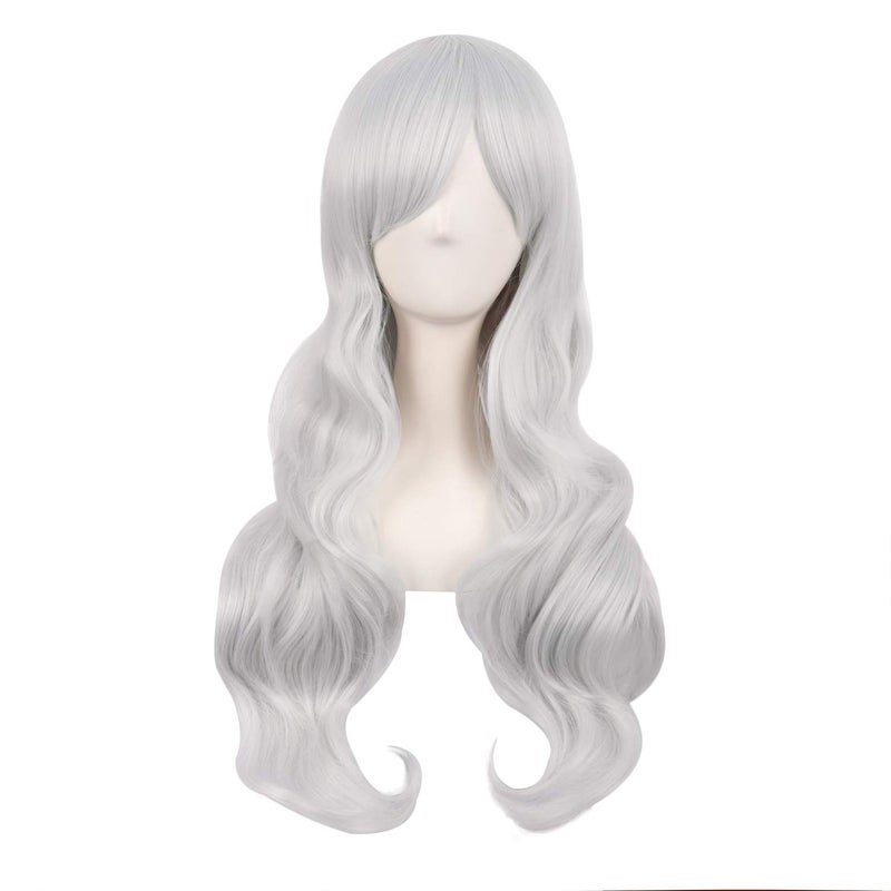 MapofBeauty MapofBeauty 28 Inch70cm Charming Women Side Bangs Long Curly Full Hair Synthetic Wig Silver 