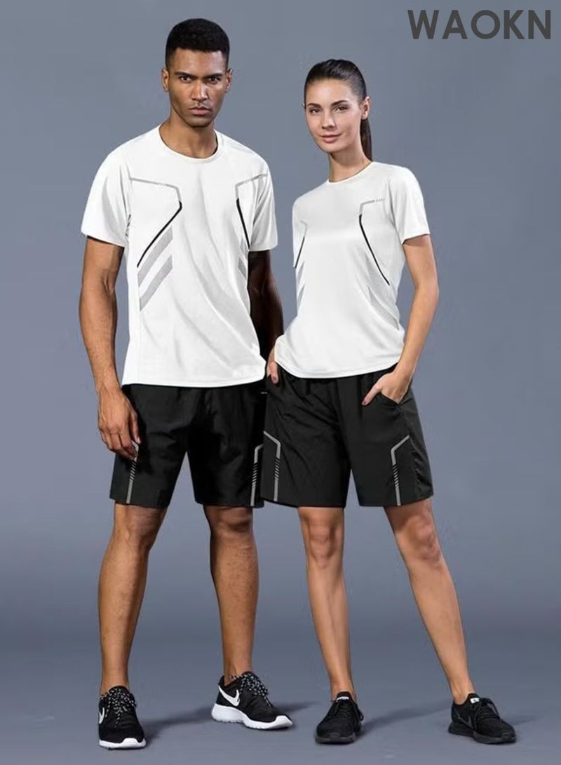 WAOKN Men's 2-Piece Sportswear Set, Summer Quick-Drying Running Gear, Short-Sleeve T-Shirt and Shorts, Fitness Training Outfit, Lightweight Athletic Clothing for Gym, Jogging, Cycling, and Outdoor Activities, Color: White - Image 2