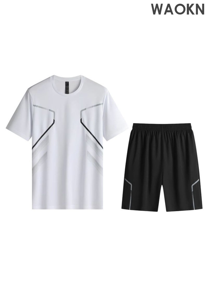 WAOKN Men's 2-Piece Sportswear Set, Summer Quick-Drying Running Gear, Short-Sleeve T-Shirt and Shorts, Fitness Training Outfit, Lightweight Athletic Clothing for Gym, Jogging, Cycling, and Outdoor Activities, Color: White - Image 1