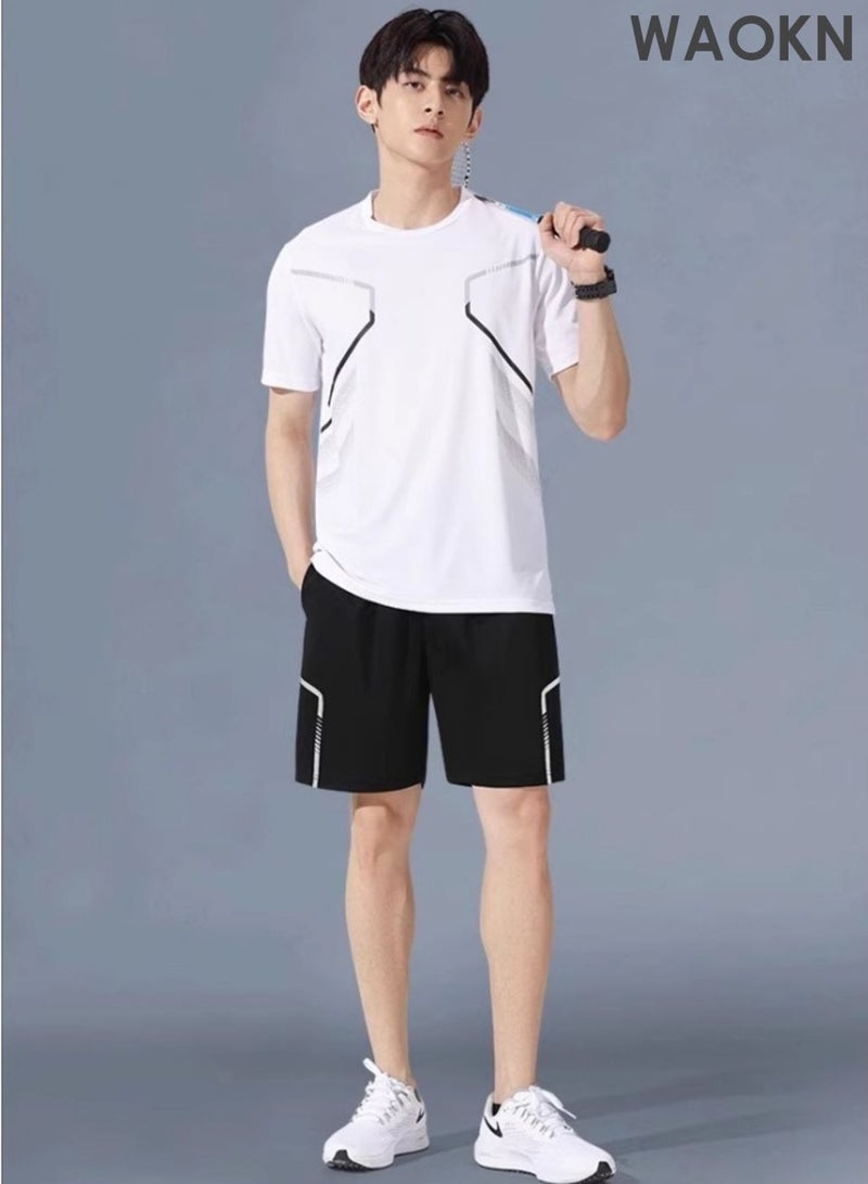 WAOKN Men's 2-Piece Sportswear Set, Summer Quick-Drying Running Gear, Short-Sleeve T-Shirt and Shorts, Fitness Training Outfit, Lightweight Athletic Clothing for Gym, Jogging, Cycling, and Outdoor Activities, Color: White - Image 3