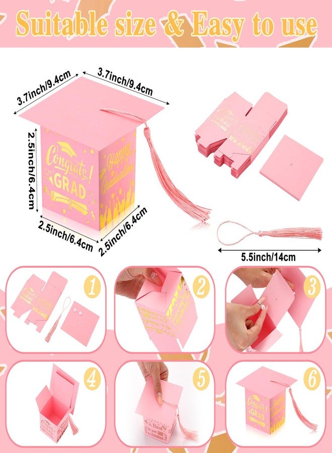 Chuangdi 30 Pieces Congrats Grad Party Candy Boxes, DIY Grad Cap Box with Tassels for Graduation Gift Graduation Party Favors Decor Party Supplies Graduation Centerpieces for Tables (Rose Pink) - Image 3