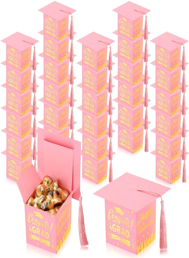 Chuangdi 30 Pieces Congrats Grad Party Candy Boxes, DIY Grad Cap Box with Tassels for Graduation Gift Graduation Party Favors Decor Party Supplies Graduation Centerpieces for Tables (Rose Pink) - Image 2