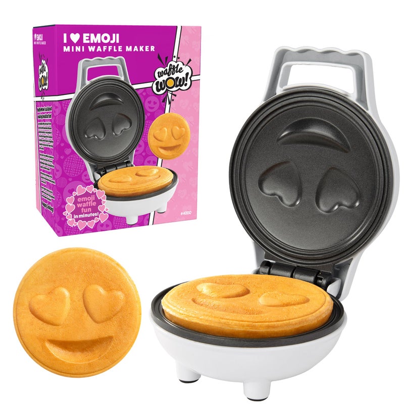 CucinaPro Heart Eyes Emoji Mini Waffle Maker Special Fathers Day Breakfast w Cute PersonalSized 4 Smiley Face Pancakes Electric NonStick Baker Iron Loving Treat Gift for Her Him Kids Adults Easy Fun Bake 