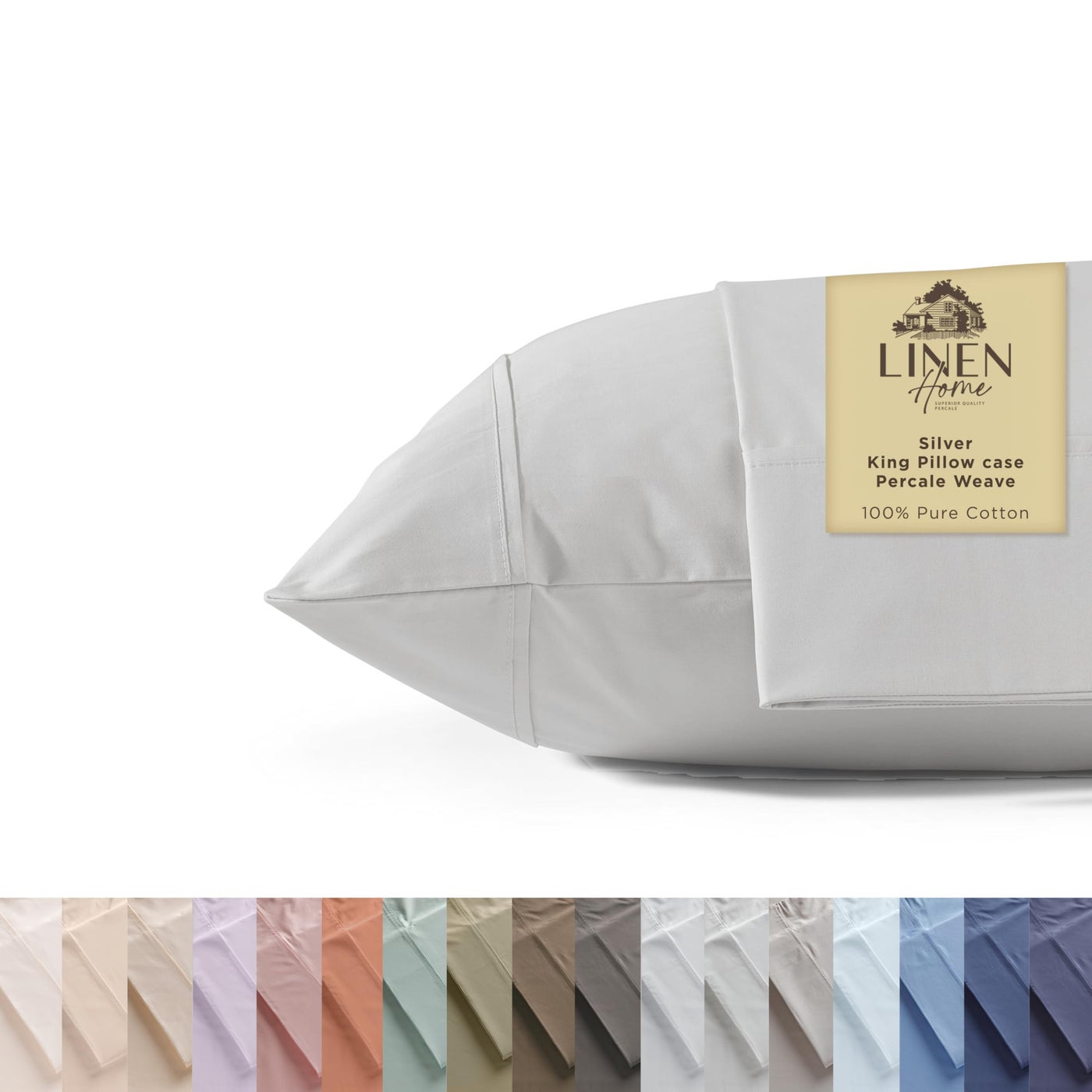 Linen Home 100% Cotton Percale Pillowcases King Size, Silver, 2 Pieces of Pillow Case, Crisp and Cool Strong Bed Linen, 20 inches X 40 inches