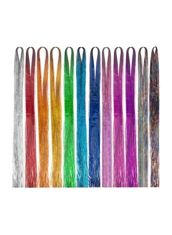 BLOOMING TIME 12 Colours Strands 47 Inches Sparkling Shiny Hair Tinsel Extensions - Image 1