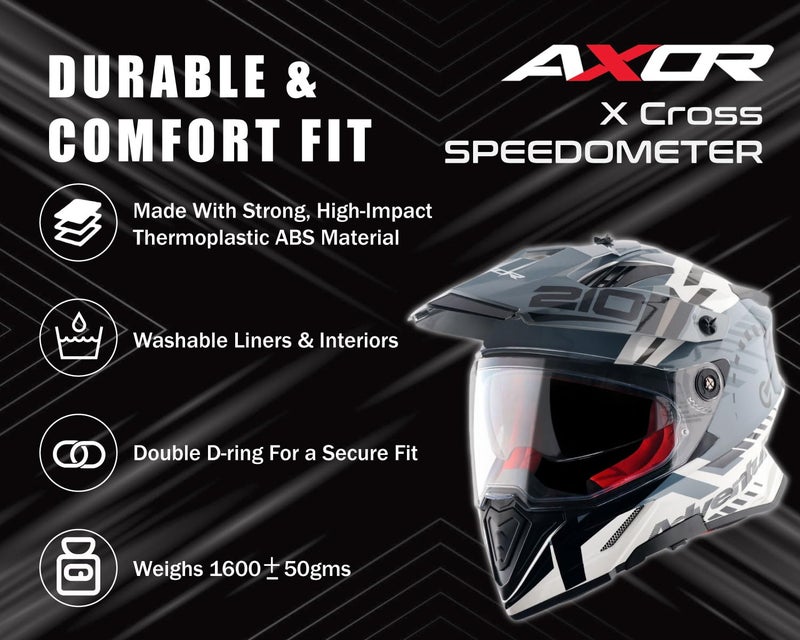 Axor X-Cross Speedometer ISI ECE and DOT Certified Premium Off-Road Full Face Helmet with Pinlock Fitted Dual Visors and Stylish Peak-White Grey-L - Image 3