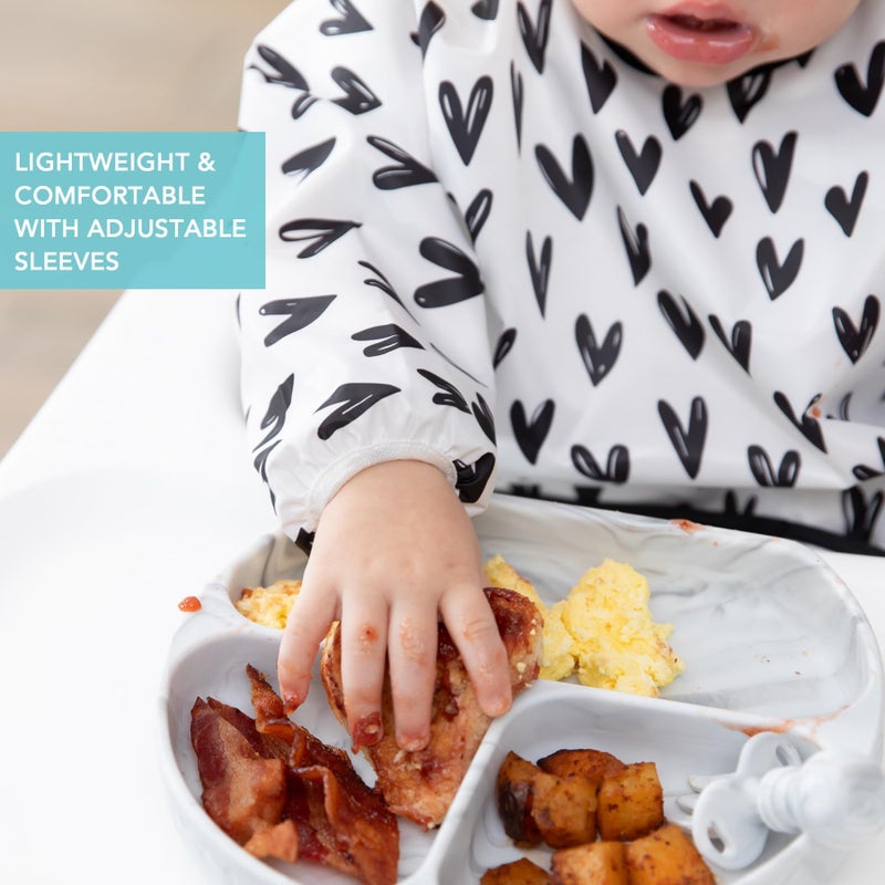 Bumkins Sleeved Bib for Girl or Boy, Baby and Toddler for 6-24 Months, Essential Must Have for Eating, Feeding, Baby Led Weaning Supplies, Long Sleeve Mess Saving Food Catcher, Hearts Black and White - Image 4