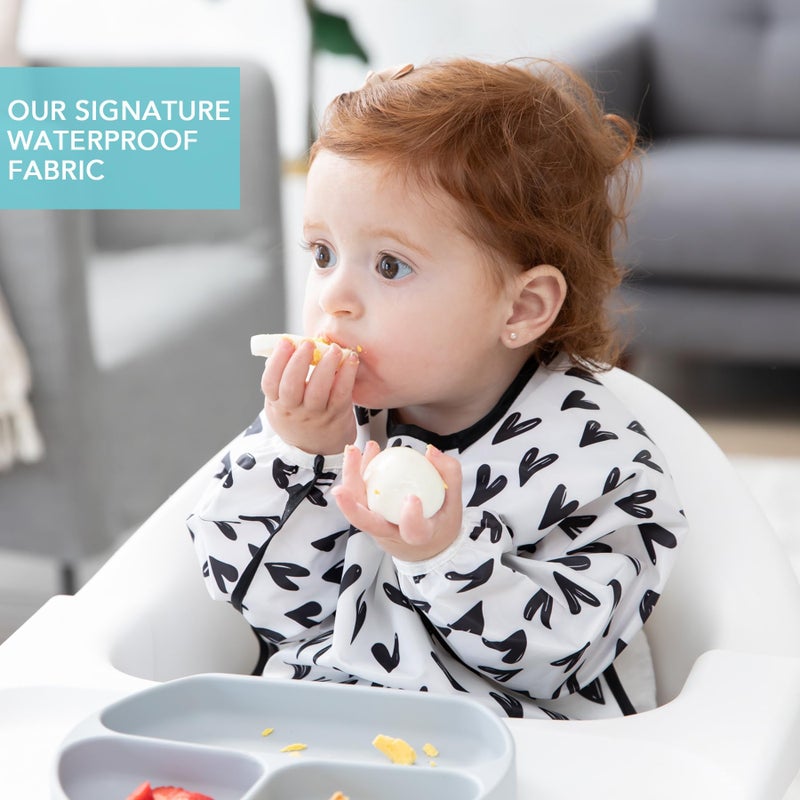Bumkins Sleeved Bib for Girl or Boy, Baby and Toddler for 6-24 Months, Essential Must Have for Eating, Feeding, Baby Led Weaning Supplies, Long Sleeve Mess Saving Food Catcher, Hearts Black and White - Image 3