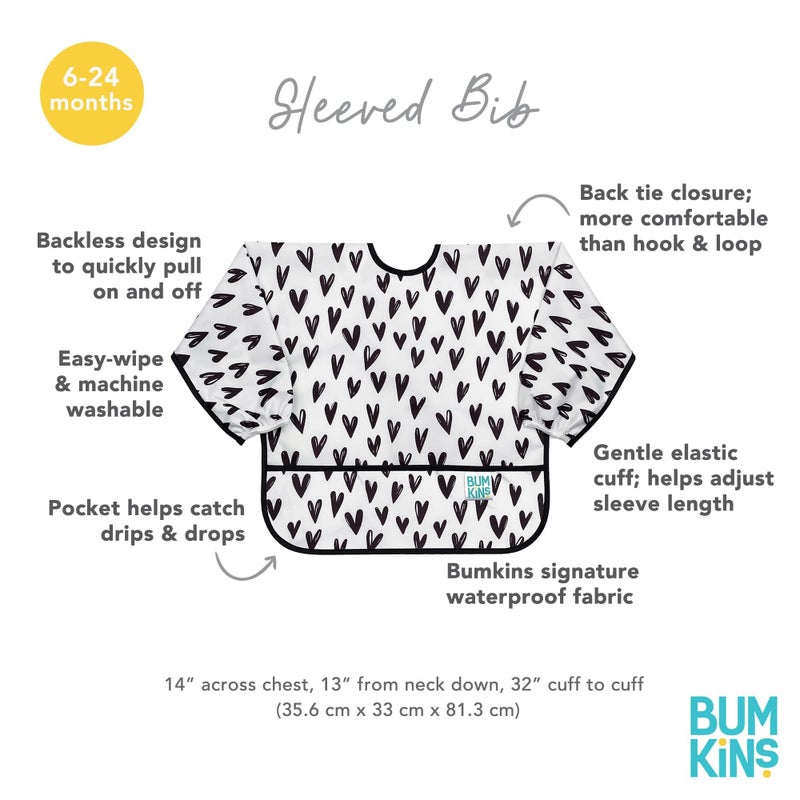 Bumkins Sleeved Bib for Girl or Boy, Baby and Toddler for 6-24 Months, Essential Must Have for Eating, Feeding, Baby Led Weaning Supplies, Long Sleeve Mess Saving Food Catcher, Hearts Black and White - Image 5