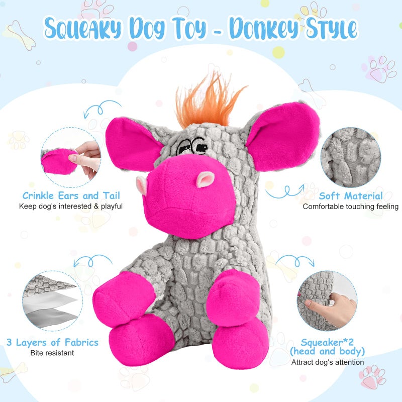 Wonfly Stuffed Dog Squeak Toys, Tough Crinkle Stuffed Animal Squeaky Interactive Toys, Dog Chew Toys for Puppy, Small, Middle, Plush Chew Toys Pink Donkey - Image 2