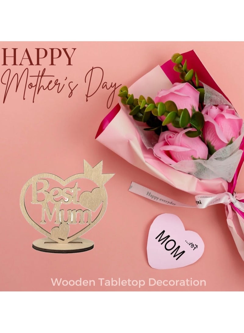 فكرة هدية عيد الأم على شكل قلب خشبي لتزيين الطاولة، هدية لطيفة لأفضل زينة للأم، ديكور غرفة المنزل والمكتب، حامل عرض على سطح الطاولة - Image 3