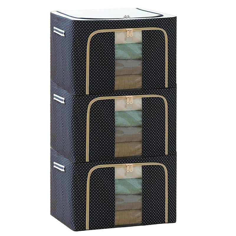 R RUNILEX R Runilex Clothes Storage Box Foldable Steel Frame Clothes Organizer Storage Box for Wardrobe Saree Shirts and Blankets Oxford Fabric Polka Dots Navy Blue Color 44 Ltr Pack of 3  - Image 1