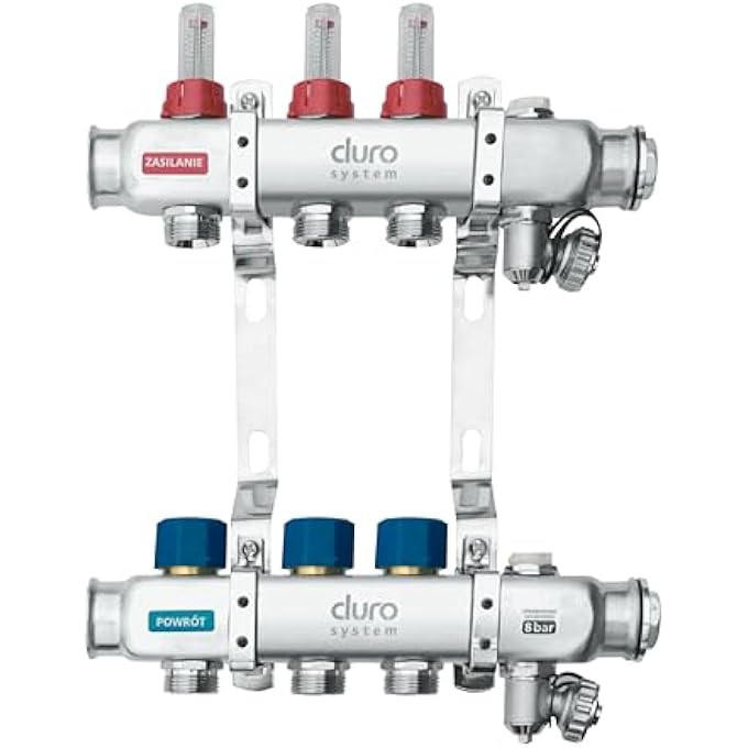 DURO HEATING CIRCUIT DISTRIBUTOR STAINLESS STEEL FOR UNDERFLOOR HEATING FOR 3 HEATING CIRCUITS WITH EURO CONE 3/4 - UNDERFLOOR HEATING CONTROL SET - HEATING DISTRIBUTOR - Image 1