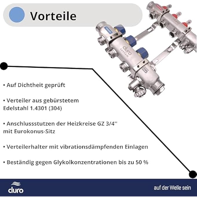 DURO HEATING CIRCUIT DISTRIBUTOR STAINLESS STEEL FOR UNDERFLOOR HEATING FOR 3 HEATING CIRCUITS WITH EURO CONE 3/4 - UNDERFLOOR HEATING CONTROL SET - HEATING DISTRIBUTOR - Image 3