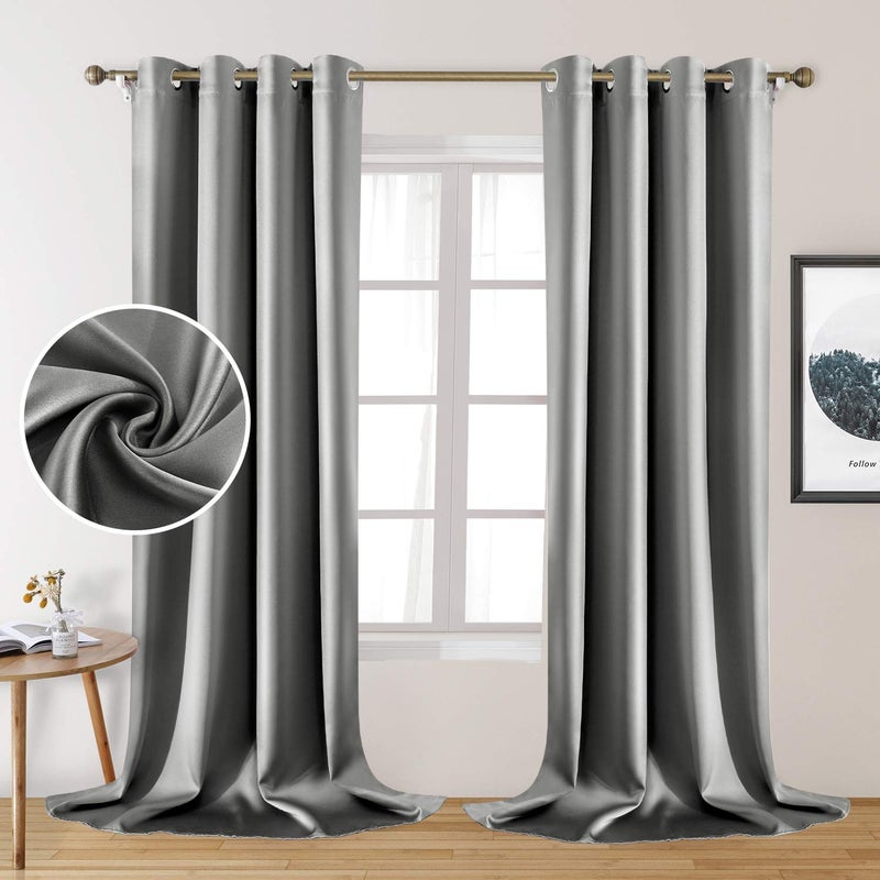 HOMEIDEAS 2 Panels Silver Grey Faux Silk Blackout Curtains 52 X 108 Inch Room Darkening Satin Thermal Insulated Window Drapes for Bedroom Indoor Nursery