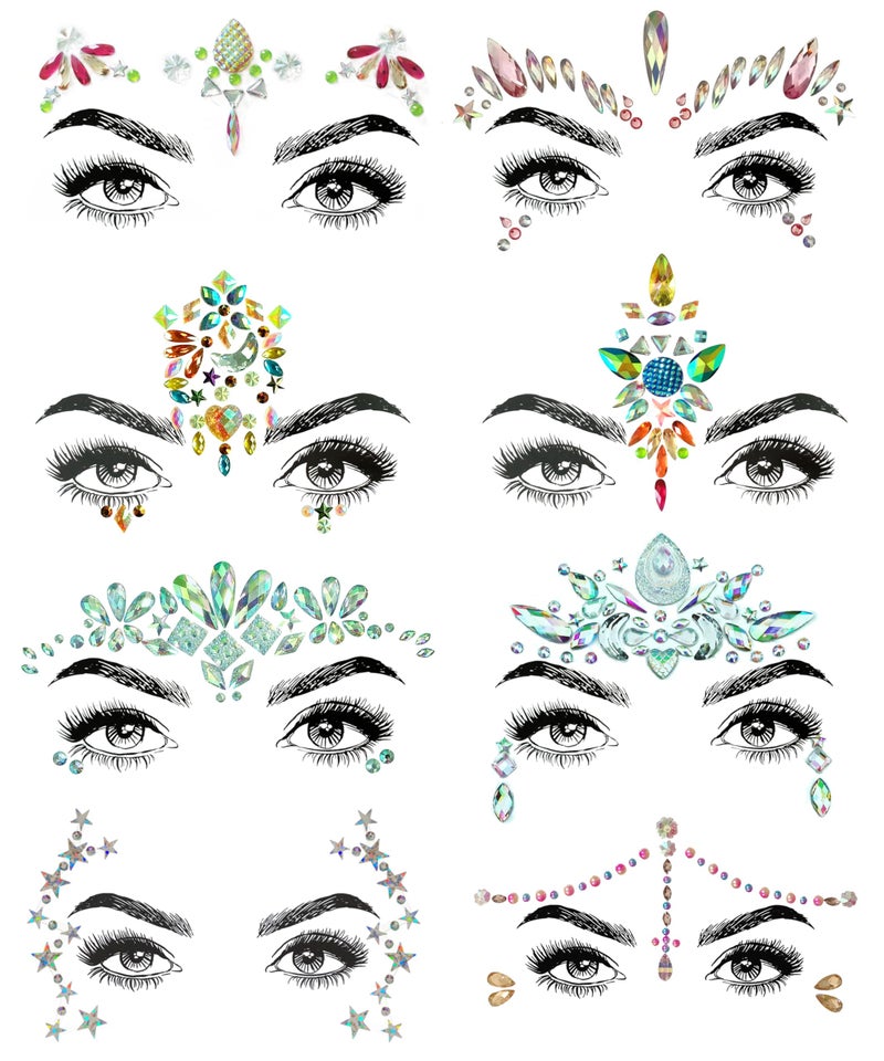 SHINEYES 8 Pcs Women Mermaid Face Gems Glitter Rhinestone Rave Face Jewels Festival Crystals Face Stickers  Eyes Face Body Temporary Tattoos - Image 1
