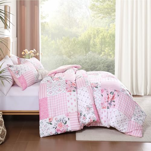 YIKUSH Full Comforter Set - Pink Spring Floral Comforter Full Size Patchwork Flower Cozy Bedding Set 3 Pieces for All Season, Cute Pattern 1 Comforter (79"x90") and 2 Pillow Shams (20"x26") - Image 5