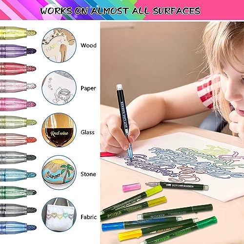 SUPER TOY 12 Pc Metallic Double Line Outline Markers Glitter Pen Set for Rock Painting, Glass, Mug, Wood, Fabric, Canvas, DIY Craft with Fine Medium Tip Perfect Creative Gift Idea - Image 4