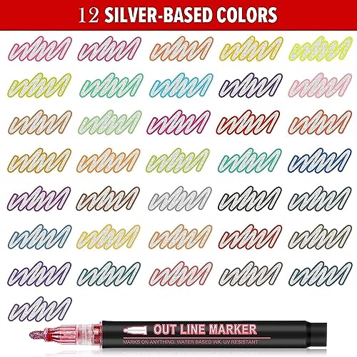 SUPER TOY 12 Pc Metallic Double Line Outline Markers Glitter Pen Set for Rock Painting, Glass, Mug, Wood, Fabric, Canvas, DIY Craft with Fine Medium Tip Perfect Creative Gift Idea - Image 5