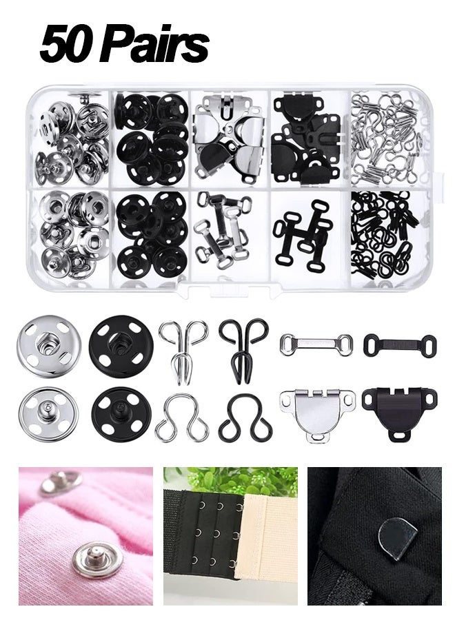 50 Pairs Hook and Eye Sewing Kit, 3 Styles Sewing Hooks and Eyes Closure Set, Metal Snap Buttons Hook and Eye Latches Fasteners Press Studs Clothing Fixing Tool for Skirts Pants Dress Bra DIY Crafting - Image 1