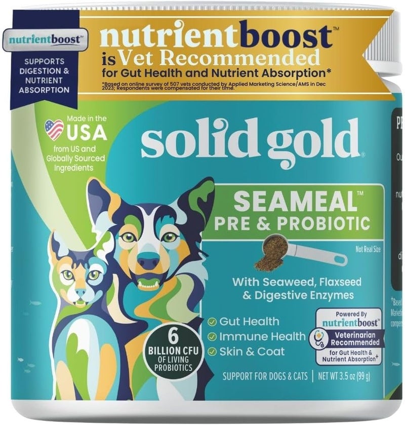 Solid Gold SeaMeal Cat Probiotic & Dog Probiotics for Digestive Health - Kelp Powder Dog & Cat Multivitamin Supplement w/Prebiotics & Digestive Enzymes for Skin, Coat, & Gut + Immune Support - 3.5oz - Image 1
