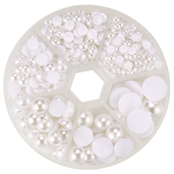 6 SIZES WHITE FLAT BACK PEARLS CABOCHON 690PCS FLAT PEARLS GEMS FOR CUP NAILS CRAFTS SHOES HAIRBAND SCRAPBOOKING EMBELLISHMENT MAKEUP WEDDING PHONE CASE MAKING 4MM 5MM 6MM 8MM 10MM 12MM