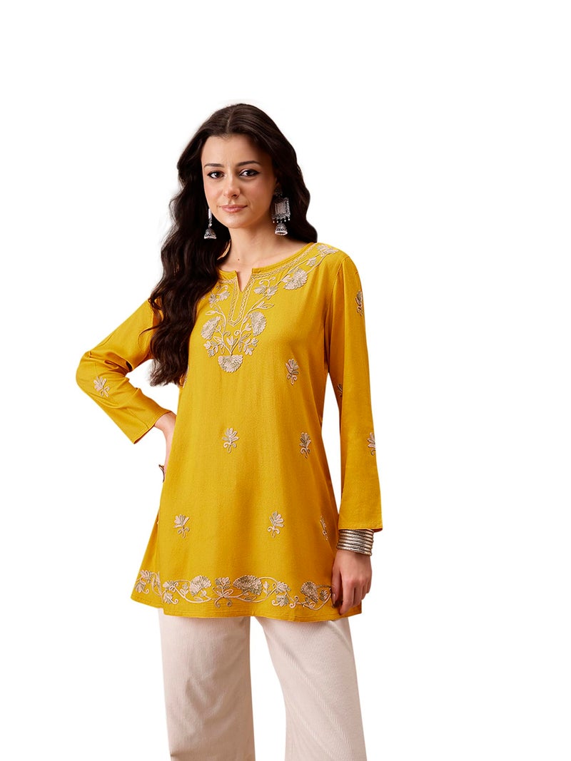 QAZMI Rayon Women's Zayesha Kashmiri A-Line Short Kurti_M Mustard Yellow, Regular Fit, Medium - Image 1