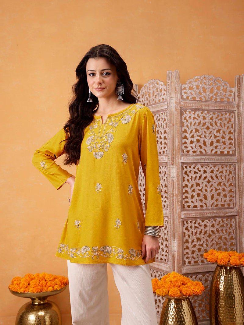 QAZMI Rayon Women's Zayesha Kashmiri A-Line Short Kurti_M Mustard Yellow, Regular Fit, Medium - Image 2