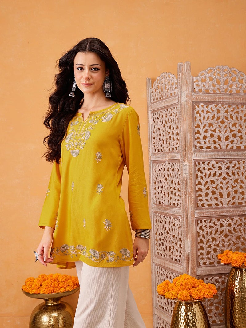 QAZMI Rayon Women's Zayesha Kashmiri A-Line Short Kurti_M Mustard Yellow, Regular Fit, Medium - Image 5