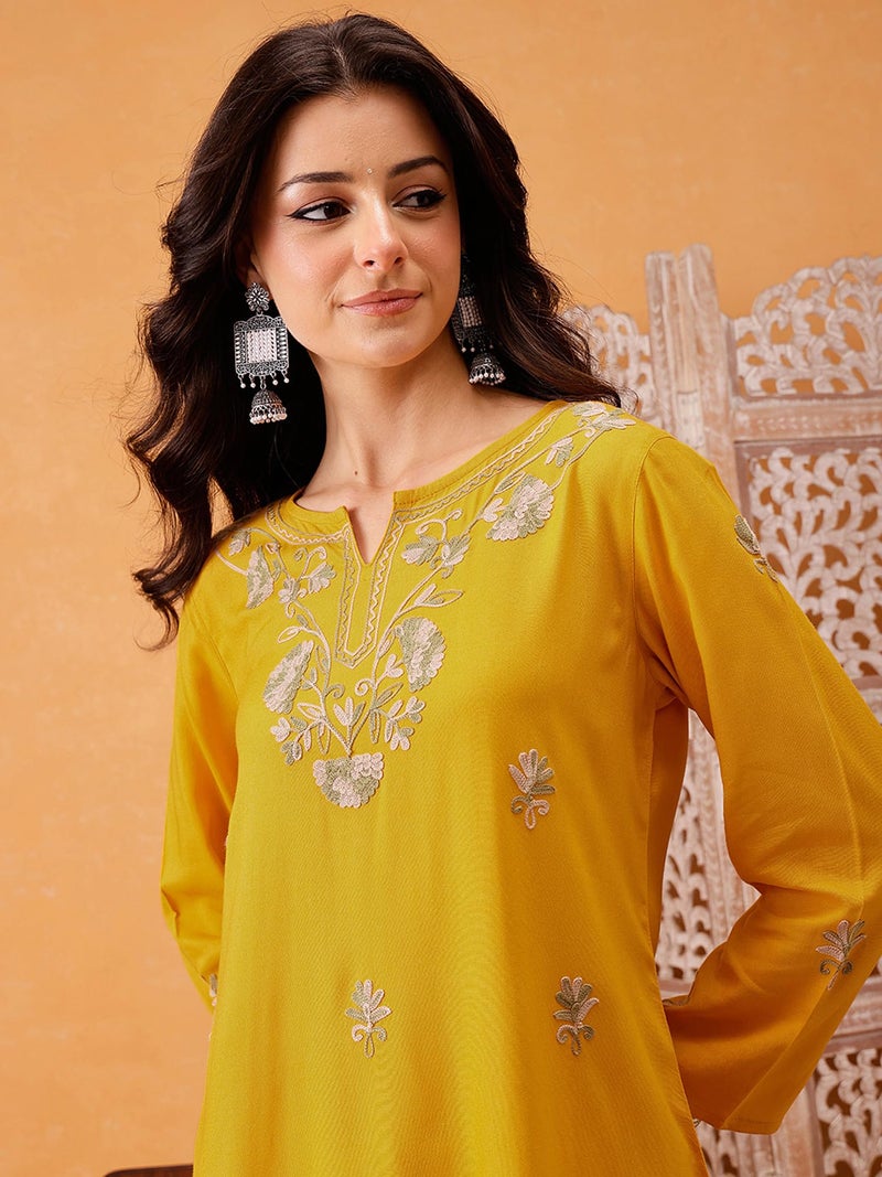 QAZMI Rayon Women's Zayesha Kashmiri A-Line Short Kurti_M Mustard Yellow, Regular Fit, Medium - Image 4