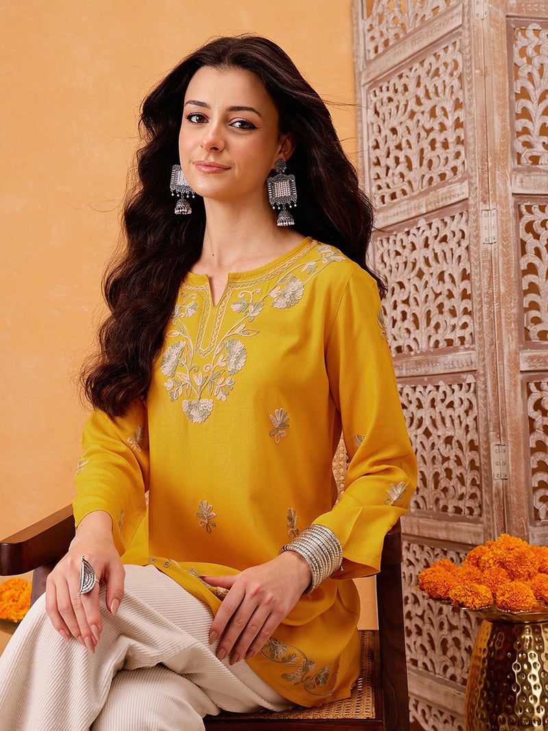 QAZMI Rayon Women's Zayesha Kashmiri A-Line Short Kurti_M Mustard Yellow, Regular Fit, Medium - Image 3